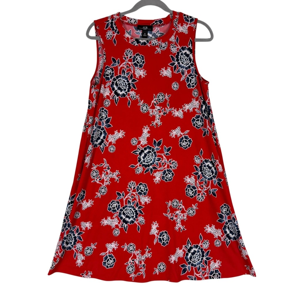 AGB Dress Womens M Red Floral Sleeveless Swing Stretch Jersey Knit Knee Length